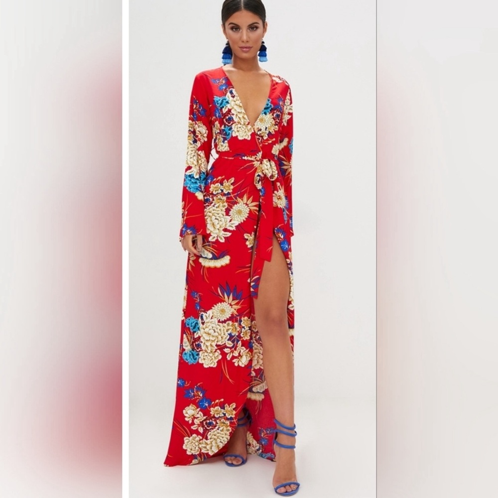 Red Floral Print Kimono Maxi Dress